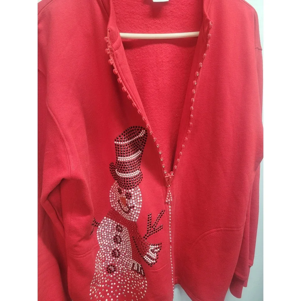 Tia Designs Red Rhinestone Snowman Zip Up Holiday Christmas‎ Sweatshirt Large